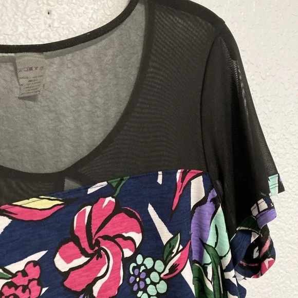 Sew in Love Black Mesh Upper Short Sleeve Floral Top w/Keyhole Neck - SZ XL - Picture 6 of 11
